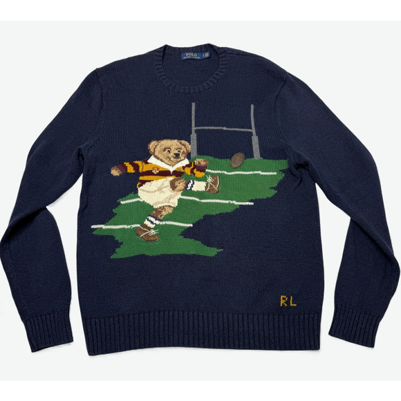 Polo Ralph Lauren Polo Bear Sweater Rugby Mens Large Navy Cotton Linen Knit - Picture 1 of 11